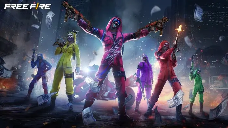 Free Fire MAX characters in colorful costumes with dual guns and loot flying in the city background – May 18, 2025 redeem code theme